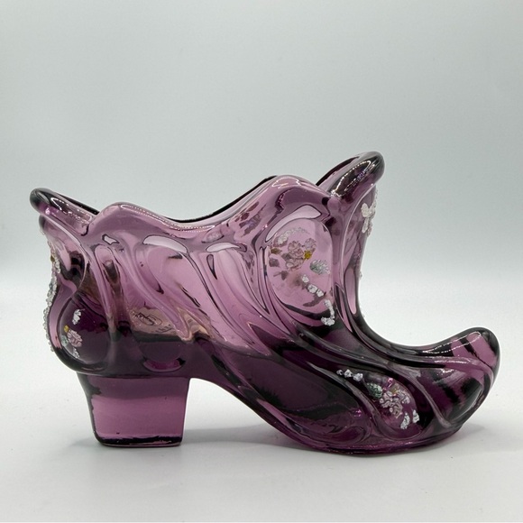 Fenton Other - Fenton Amethyst Purple Hand Painted Glass Shoe - Signed - Sticker - Vintage EUC